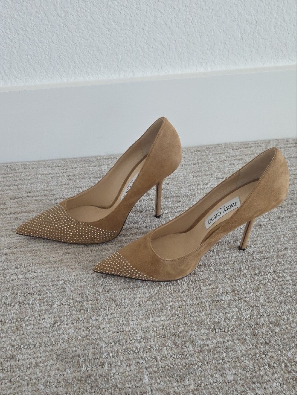 Jimmy Choo Tan Suede Pointed Pumps with Crystal Stud Detailing - Picture 3 of 8